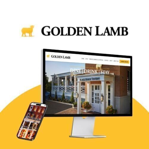 Golden Lamb website on phone and computer screen with logo